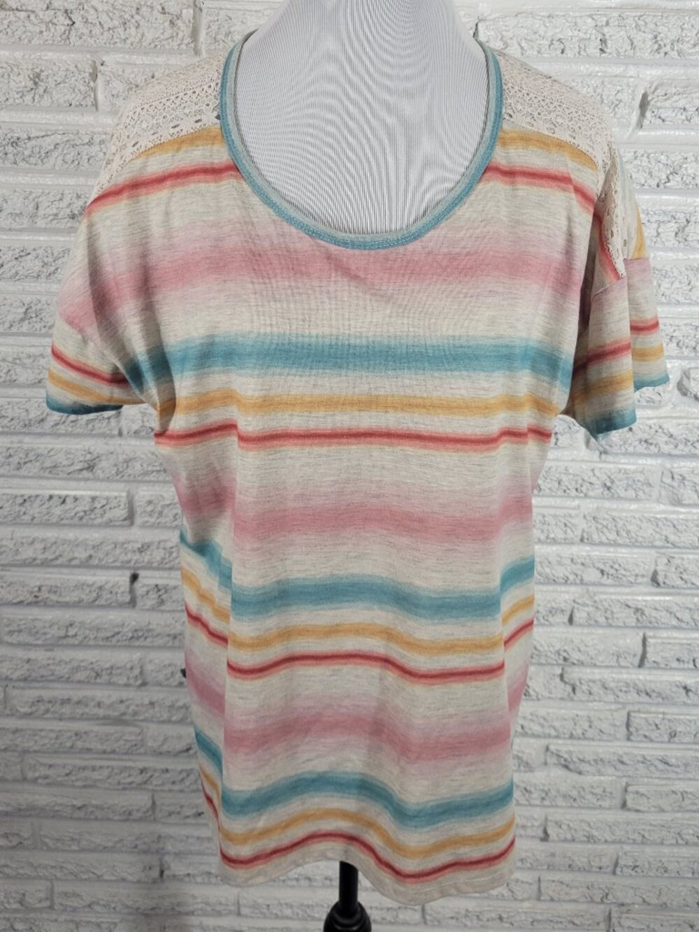 Cato Est 1946 Lace Sleeve Watercolor Stripe Tee Shirt XL Regular Fit WAT24E